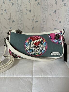 Ed Hardy Denim Bag with Pink Tattoo Motifs